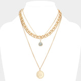 Natural Stone Evil Eye Detailed Metal Round Pendant Triple Layered Necklace