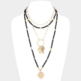 Double Horn Evil Eye Centered Pendant Wood Beaded Multi Layered Necklace
