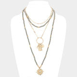 Double Horn Evil Eye Centered Pendant Wood Beaded Multi Layered Necklace