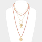 Double Horn Evil Eye Centered Pendant Wood Beaded Multi Layered Necklace