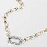 14K Gold Plated CZ Stone Paved Oval Pendant Link Paperclip Chain Necklace