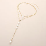 Round Pearl Link Charm Drop Cross Link Chain Y Necklace