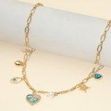 Butterfly Flower Enamel Detailed Heart Pendant Charm Station Necklace