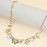 Enamel Butterfly Flower Cross Bow Heart Pearl Charm Station Necklace