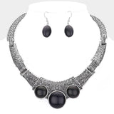 Antique Metal Natural Stone Accented Filigree Collar Necklace
