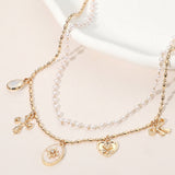 Cross Floral Heart Bow Charm Station Pearl Layered Necklace