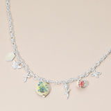 Vintage Floral Ceramic Charm Metal Angel Flower Stem Honey Bee Charm Station Necklace