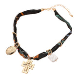 Boho Metal Cross Square Pearl Floral Oval Charm Fabric Necklace