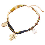 Boho Metal Cross Square Pearl Floral Oval Charm Fabric Necklace