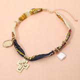 Boho Metal Cross Square Pearl Floral Oval Charm Fabric Necklace