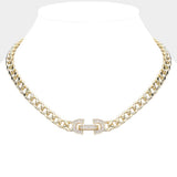 14K Gold Plated CZ Stone Paved Lock Pointed Chain Necklace