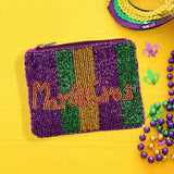 Women's Mardi Gras Message Seed Beaded Mini Pouch Bag Clutch