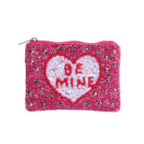 BE MINE Message Heart Sequin Seed Beaded Mini Pouch Bag