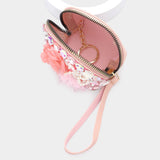 Pearl Stone Embellished Triple Flower Mini Pouch Wristlet Bag