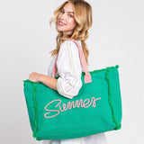 SUMMER Message Embroidered Fringe Canvas Tote Beach Bag