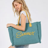 SUMMER Message Embroidered Fringe Canvas Tote Beach Bag