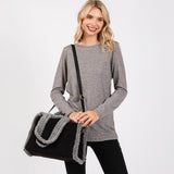 Fleece Trimmed Solid Tote / Crossbody Bag With Adjustable Strap