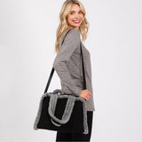 Fleece Trimmed Solid Tote / Crossbody Bag With Adjustable Strap