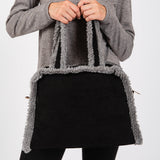 Fleece Trimmed Solid Tote / Crossbody Bag With Adjustable Strap