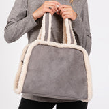Fleece Trimmed Solid Tote / Crossbody Bag With Adjustable Strap