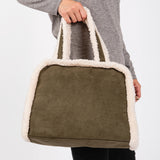 Fleece Trimmed Solid Tote / Crossbody Bag With Adjustable Strap
