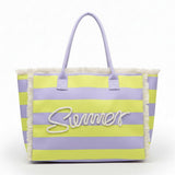 SUMMER Message Embroidered Fringe Striped Tote Beach Bag