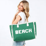 BEACH Message Embroidered Fringe Tote Beach Bag