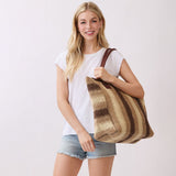 Natural Multi Color Stripe Straw Tote Bag