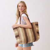 Natural Multi Color Stripe Straw Tote Bag