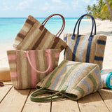 Natural Multi Color Stripe Straw Tote Bag