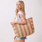 Natural Multi Color Stripe Straw Tote Bag