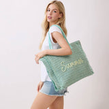 SUMMER Embroidery Woven Straw Fringe Tote Shoulder Bag