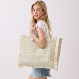 Boho Geometric Elephant Print Fringe Tote Bag