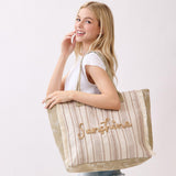 Vintage SUNSHINE Message Stripe Fringe Tote Bag