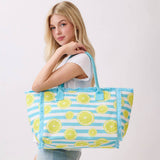 Lemon Pattern Stripe Fringe Trim Shoulder Tote Bag