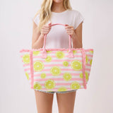 Lemon Pattern Stripe Fringe Trim Shoulder Tote Bag