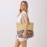 Leopard Print Straw Tote Shoulder Bag