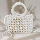 Elegant Pearl Beaded Round Handle Lattice Handbag / Crossbody Bag