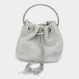 Bling Rhinestone Mesh Metal Draw String with Glass Stone Embellished Top Handle Bucket Bag / Crossbody Bag