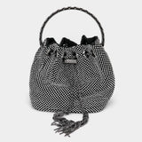 Bling Rhinestone Mesh Metal Draw String with Glass Stone Embellished Top Handle Bucket Bag / Crossbody Bag