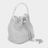 Bling Rhinestone Mesh Metal Draw String with Glass Stone Embellished Top Handle Bucket Bag / Crossbody Bag