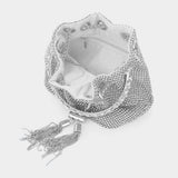 Bling Rhinestone Mesh Metal Draw String with Glass Stone Embellished Top Handle Bucket Bag / Crossbody Bag