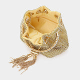 Bling Rhinestone Mesh Metal Draw String with Glass Stone Embellished Top Handle Bucket Bag / Crossbody Bag