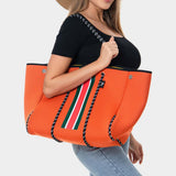 2PCS - Color Block Accented Solid Beach Tote Bag and Mini Pouch Bag Set
