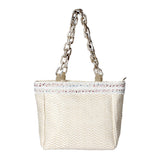Zigzag Chevron Patterned Celluloid Acetate Handle Straw Tote Bag