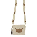 Seed Beaded Crown Accented Rectangle Tassel Crossbody Bag