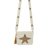 Seed Beaded Star Accented Rectangle Tassel Crossbody Bag