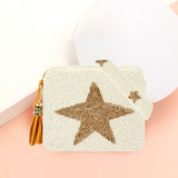 Seed Beaded Star Accented Rectangle Tassel Crossbody Bag