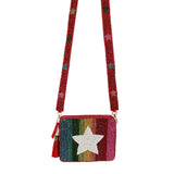 Rainbow Color Block Seed Beaded Star Accented Rectangle Tassel Crossbody Bag