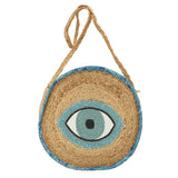 Beaded Evil Eye Accent Round Raffia Braided Crossbody Bag